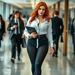 A full-length photograph of a voluptuous young woman secretary with stunning flame red hair and captivating blue eyes