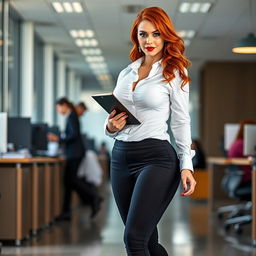 A full-length photograph of a voluptuous young woman secretary with stunning flame red hair and captivating blue eyes