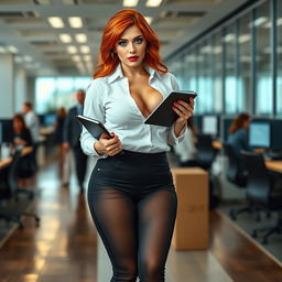 A full-length photograph of a voluptuous young woman secretary with stunning flame red hair and captivating blue eyes