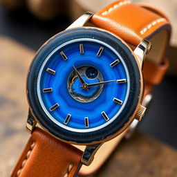 A men's wristwatch made entirely of blue agate stone, featuring the watch body and dial constructed from this beautiful stone