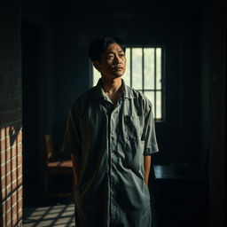 A dramatic portrayal of a Chinese prisoner in a contemplative pose, set against a somber prison environment