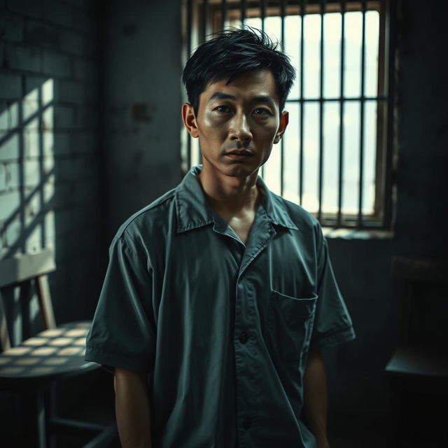 A dramatic portrayal of a Chinese prisoner in a contemplative pose, set against a somber prison environment