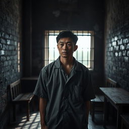 A dramatic portrayal of a Chinese prisoner in a contemplative pose, set against a somber prison environment