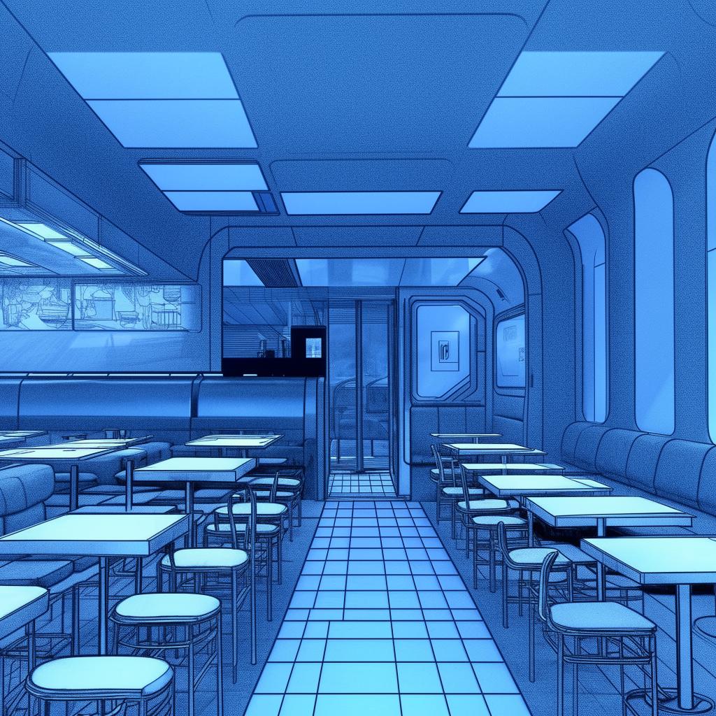 Sketch-style interior of a futuristic restaurant with six dining tables, a counter to the right, a door straight ahead, and a sofa to the left of the door.