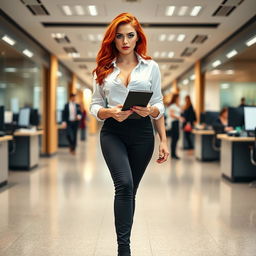 A full-length photograph of a strikingly beautiful young woman secretary with vibrant flame red hair and alluring blue eyes