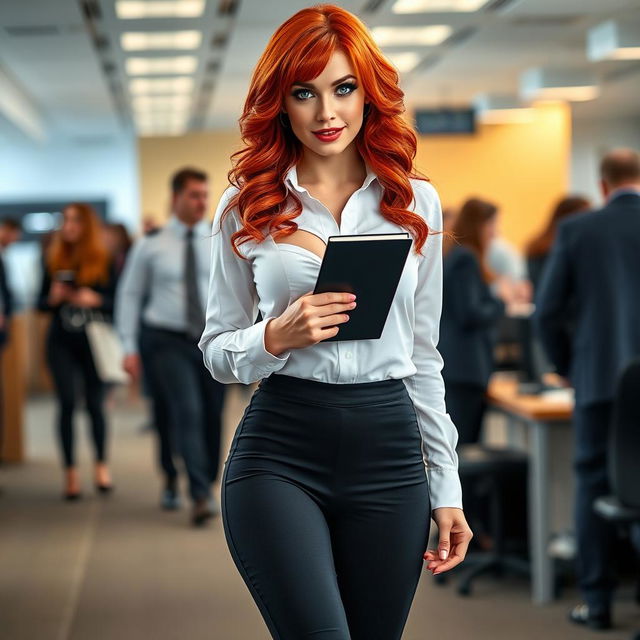 A full-length photograph of a strikingly beautiful young woman secretary with vibrant flame red hair and alluring blue eyes