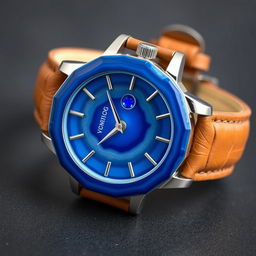 A men's wristwatch intricately crafted from blue agate stone, with both the watch body and dial made from this exquisite material