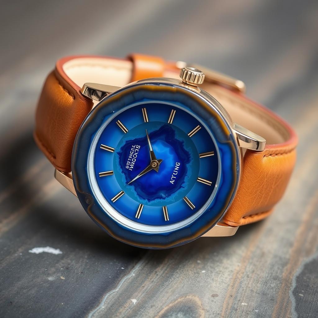 A men's wristwatch intricately crafted from blue agate stone, with both the watch body and dial made from this exquisite material