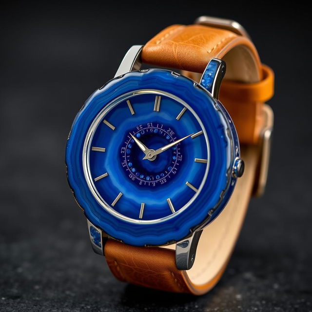 A men's wristwatch intricately crafted from blue agate stone, with both the watch body and dial made from this exquisite material