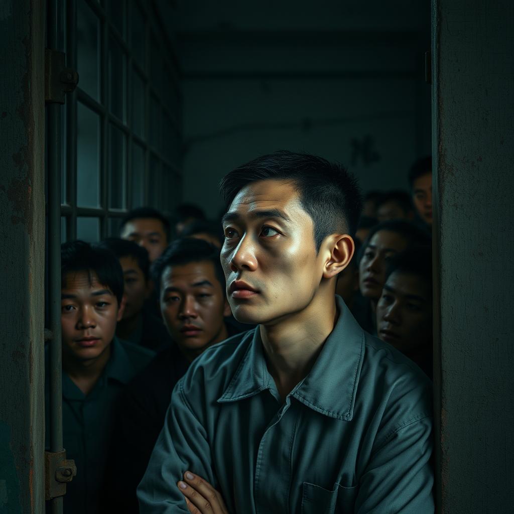 A poignant scene depicting a Chinese prisoner in a crowded cell, showcasing the diverse expressions of fellow inmates