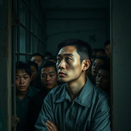 A poignant scene depicting a Chinese prisoner in a crowded cell, showcasing the diverse expressions of fellow inmates