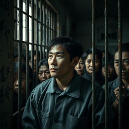 A poignant scene depicting a Chinese prisoner in a crowded cell, showcasing the diverse expressions of fellow inmates