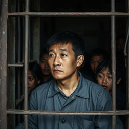 A poignant scene depicting a Chinese prisoner in a crowded cell, showcasing the diverse expressions of fellow inmates
