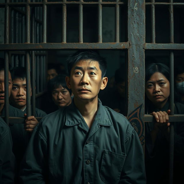 A poignant scene depicting a Chinese prisoner in a crowded cell, showcasing the diverse expressions of fellow inmates