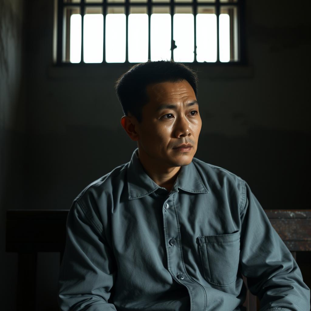 An evocative image of a Chinese prisoner, captured in a moment of reflection