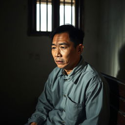 An evocative image of a Chinese prisoner, captured in a moment of reflection