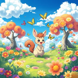 A whimsical, colorful scene featuring a fantasy landscape with vibrant flowers and trees that appear to be alive