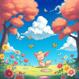 A whimsical, colorful scene featuring a fantasy landscape with vibrant flowers and trees that appear to be alive