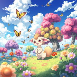 A whimsical, colorful scene featuring a fantasy landscape with vibrant flowers and trees that appear to be alive