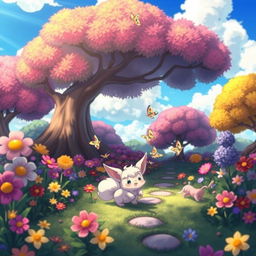 A whimsical, colorful scene featuring a fantasy landscape with vibrant flowers and trees that appear to be alive