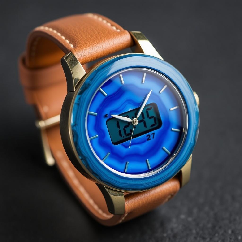 A men's digital wristwatch crafted entirely from blue agate stone, where both the watch body and the dial are made from this stunning material