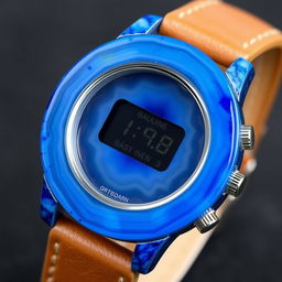 A men's digital wristwatch crafted entirely from blue agate stone, where both the watch body and the dial are made from this stunning material
