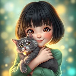 A cute girl with a dark-haired bob and medium brown eyes, joyfully holding her gray cat