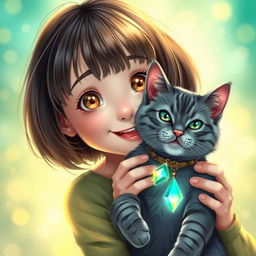 A cute girl with a dark-haired bob and medium brown eyes, joyfully holding her gray cat