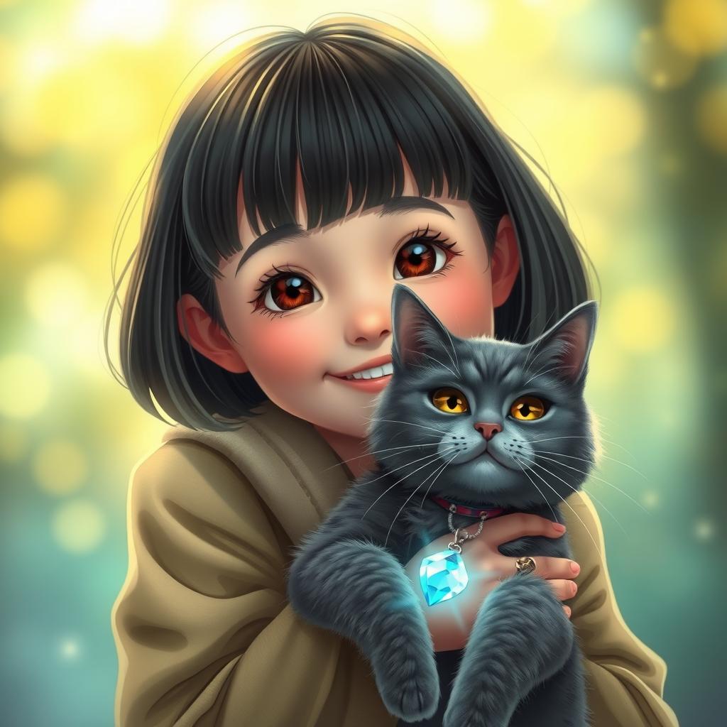 A cute girl with a dark-haired bob and medium brown eyes, joyfully holding her gray cat