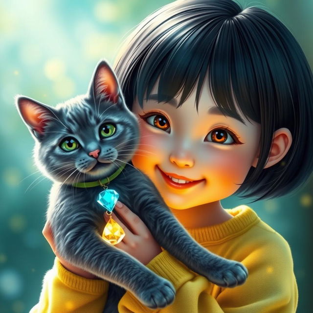 A cute girl with a dark-haired bob and medium brown eyes, joyfully holding her gray cat