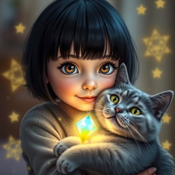 A cute girl with a dark haired bob hairstyle and medium brown eyes is gently holding her gray cat, which has mystical powers