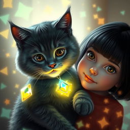 A cute girl with a dark haired bob hairstyle and medium brown eyes is gently holding her gray cat, which has mystical powers