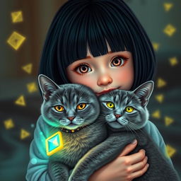 A cute girl with a dark haired bob hairstyle and medium brown eyes is gently holding her gray cat, which has mystical powers