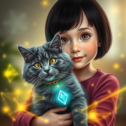 A cute girl with a dark haired bob hairstyle and medium brown eyes is gently holding her gray cat, which has mystical powers