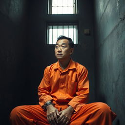 A Chinese prisoner wearing a traditional orange jumpsuit, sitting in a stark, dimly lit cell with concrete walls