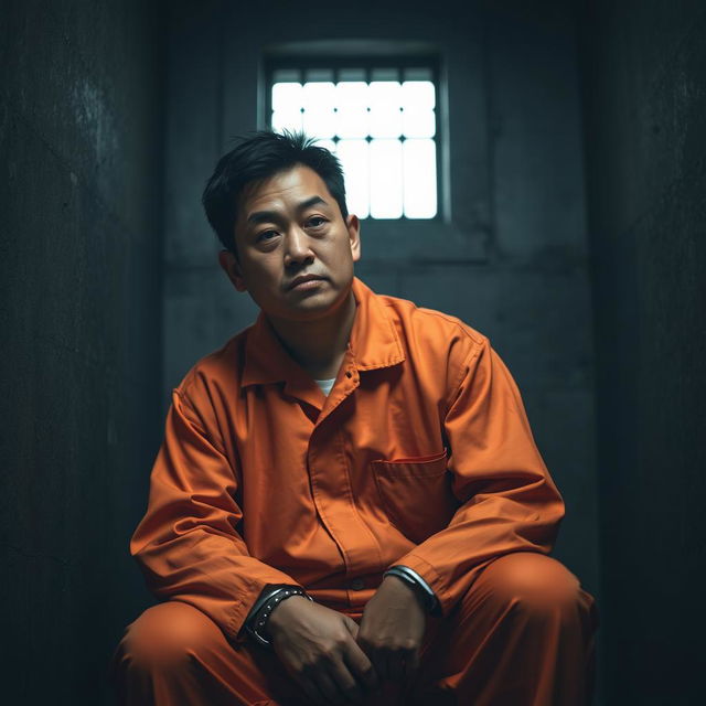 A Chinese prisoner wearing a traditional orange jumpsuit, sitting in a stark, dimly lit cell with concrete walls