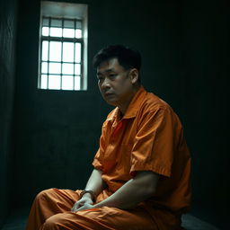 A Chinese prisoner wearing a traditional orange jumpsuit, sitting in a stark, dimly lit cell with concrete walls