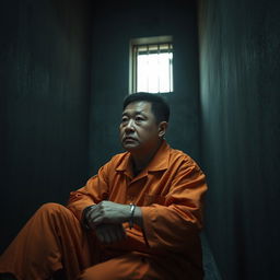 A Chinese prisoner wearing a traditional orange jumpsuit, sitting in a stark, dimly lit cell with concrete walls