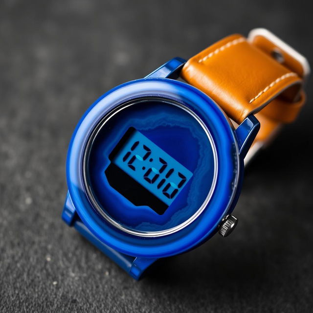 A men's digital wristwatch crafted from blue agate stone, where both the body and the dial are made from this stunning material, designed to give the impression of being a single piece