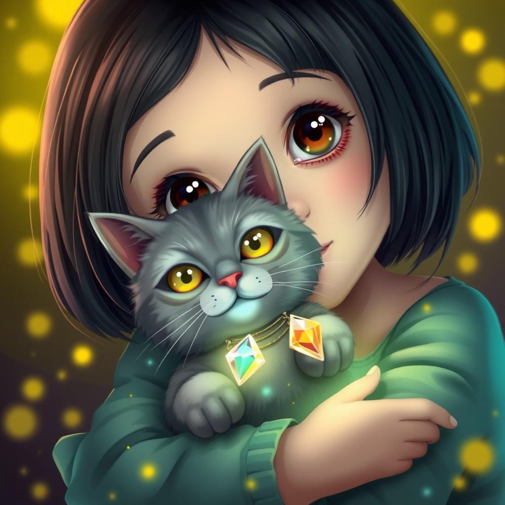 A cute girl with a dark haired bob and medium brown eyes is cradling her adorable gray cat