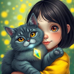 A cute girl with a dark haired bob and medium brown eyes is cradling her adorable gray cat