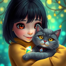 A cute girl with a dark haired bob and medium brown eyes is cradling her adorable gray cat