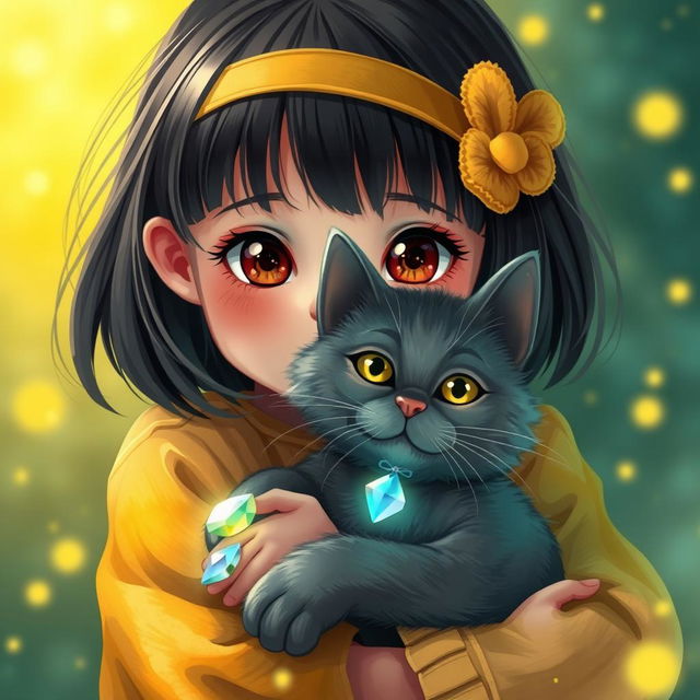 A cute girl with a dark haired bob and medium brown eyes is cradling her adorable gray cat