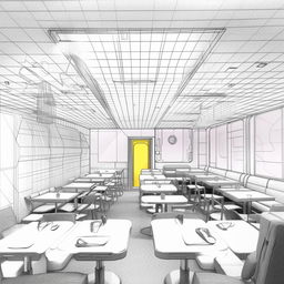 Sketch-style interior of a futuristic restaurant with six dining tables, a counter to the right, a door straight ahead, and a sofa to the left of the door.