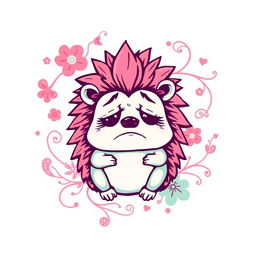 A sad hedgehog graphic design on a t-shirt, featuring the hedgehog with droopy eyes and a frown, surrounded by whimsical Latin-style elements like swirling vines and floral patterns