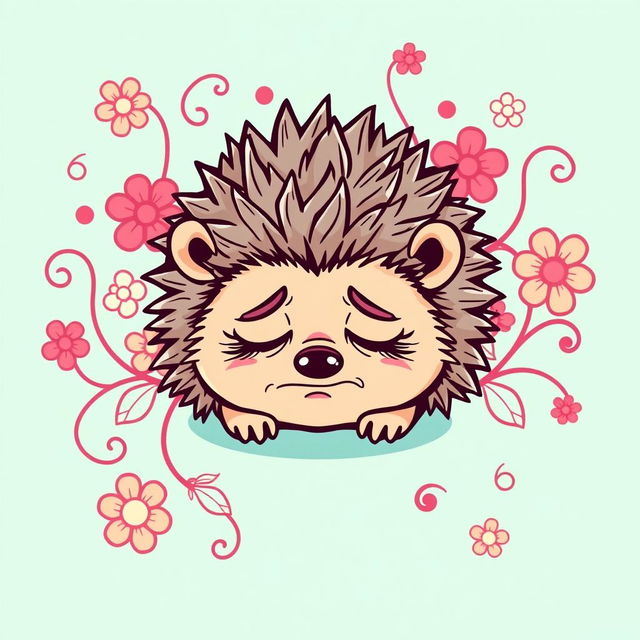 A sad hedgehog graphic design on a t-shirt, featuring the hedgehog with droopy eyes and a frown, surrounded by whimsical Latin-style elements like swirling vines and floral patterns