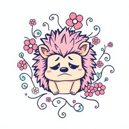 A sad hedgehog graphic design on a t-shirt, featuring the hedgehog with droopy eyes and a frown, surrounded by whimsical Latin-style elements like swirling vines and floral patterns