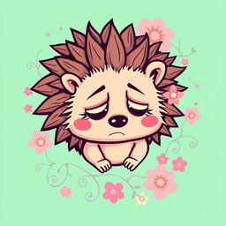 A sad hedgehog graphic design on a t-shirt, featuring the hedgehog with droopy eyes and a frown, surrounded by whimsical Latin-style elements like swirling vines and floral patterns
