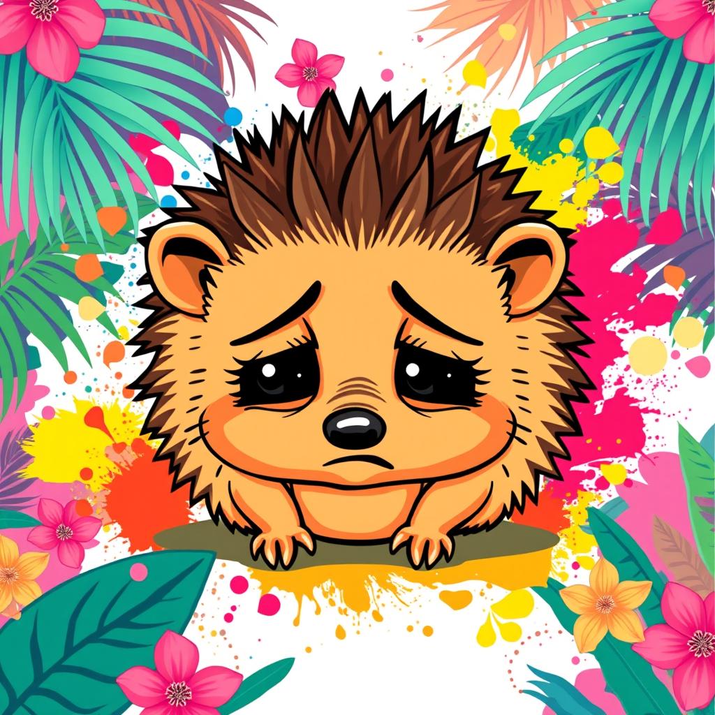 A sad hedgehog on a t-shirt design in a vibrant Latin style