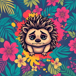 A sad hedgehog on a t-shirt design in a vibrant Latin style